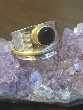 YS INDIA sterling silver, brass & black onyx spinner ring